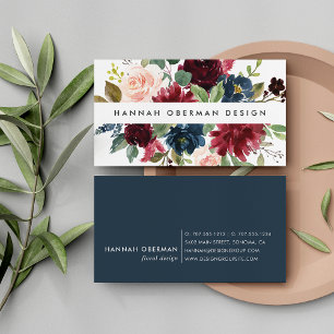 Radiant Bloom Navy & Burgundy Watercolor Floral 名刺