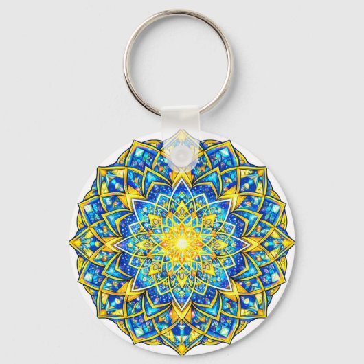 Radiant Blue Gold Mandala – Sun Harmony Keychain キーホルダー (正面)