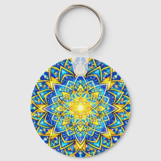 Radiant Blue Gold Mandala – Sun Harmony Keychain S キーホルダー (正面)
