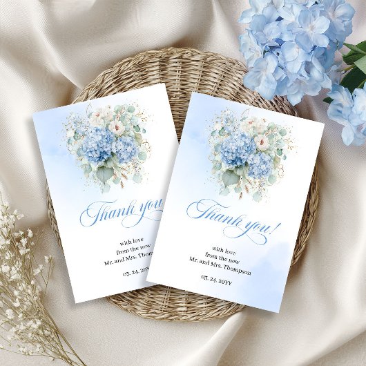 Radiant Blue Hydrangeas Eucalyptus Wedding thanks サンキューカード