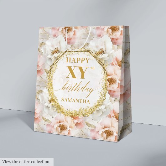 Radiant Blush Pink Watercolor 50 Birthday Gift Bag ミディアムペーパーバッグ