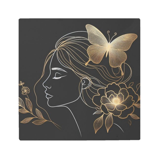 Radiant Gold Butterfly on Woman’s Profile メタルプリント (正面)
