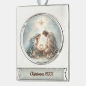Radiant Holy Family Nativity Scene シルバープレートバナーオーナメント (左)