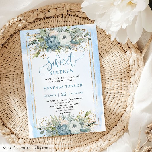 Radiant Pastel Blue White Peonies Sweet 16 Invite 招待状