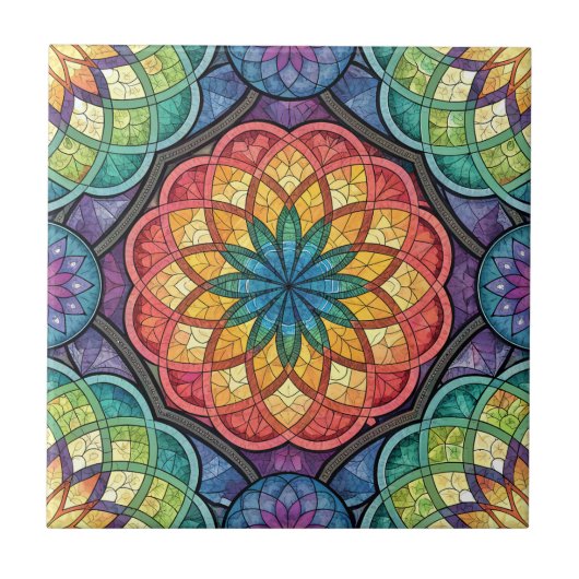 Radiant Rainbow Mandala Mosaic – Stained Glass タイル (正面)