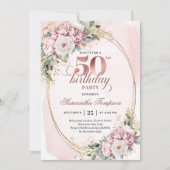 Radiant Rose Gold Blush Floral 50th Birthday  招待状 (正面)
