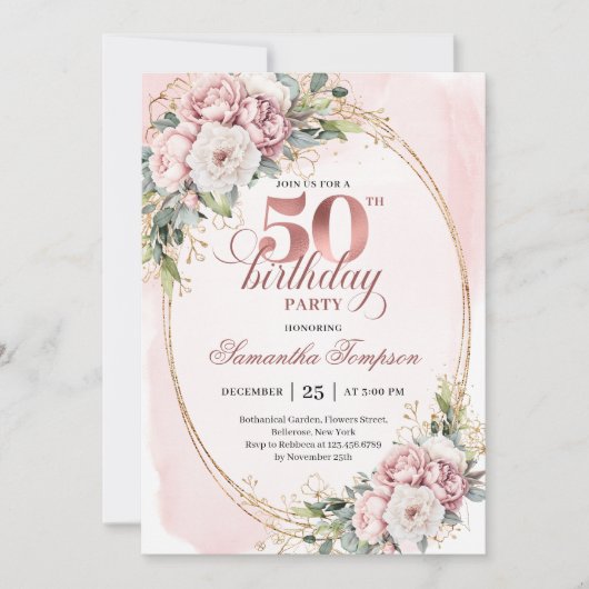 Radiant Rose Gold Blush Floral 50th Birthday  招待状 (正面)