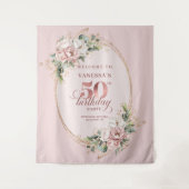 Radiant Rose Gold Blush Floral 50th Birthday Party タペストリー (正面)
