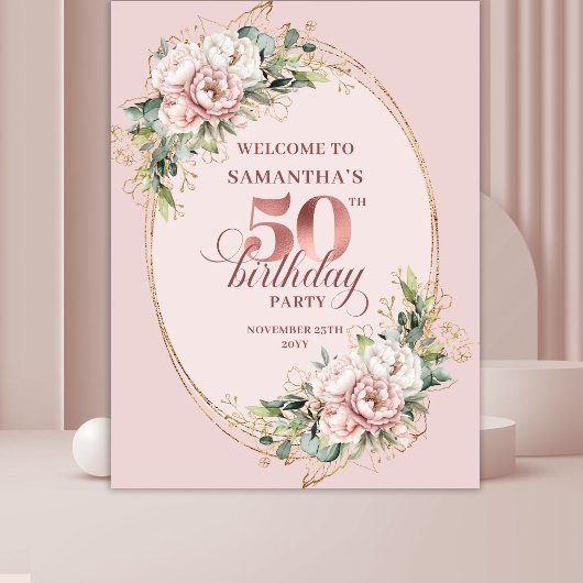 Radiant Rose Gold Blush Floral 50th Birthday Party タペストリー