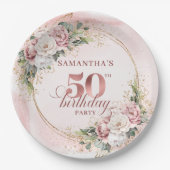 Radiant Rose Gold Glitter Floral 50th Birthday  ペーパープレート (正面)