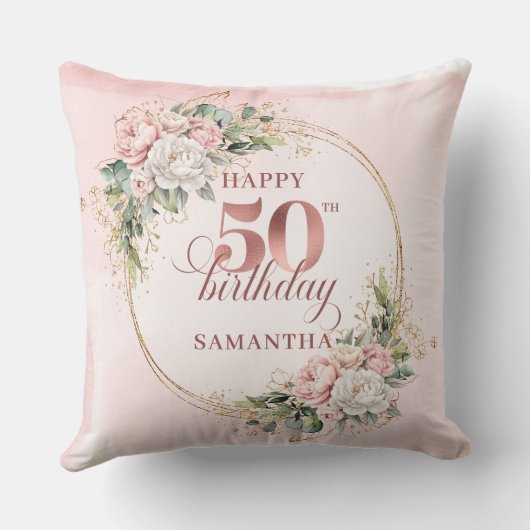 Radiant Rose Gold Greenery 50th Birthday Personal クッション (裏面)