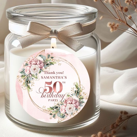 Radiant Rose Gold Greenery 50th Birthday Thank You ラウンドシール