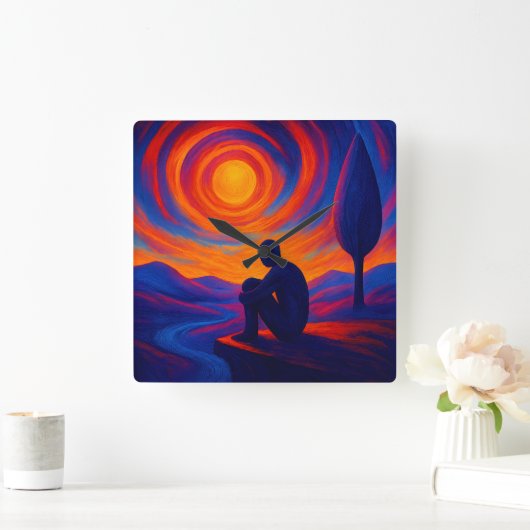 Radiant Solitude Abstract Expression in Blue ,fire スクエア壁時計 (ホーム)