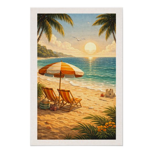 Radiant Tropical Beach Sunset Retro Vacation ポスター (正面)
