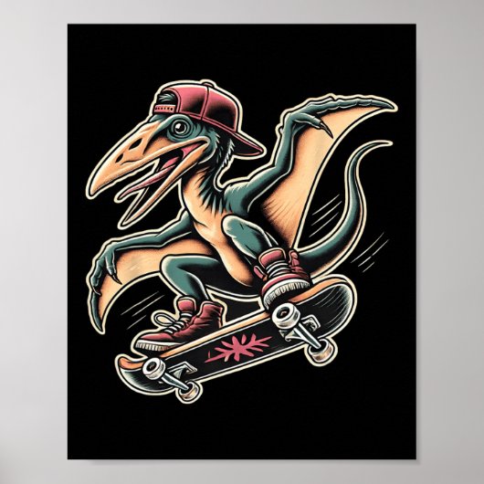Radical Skateboarding Pterodactyl Dinosaur Cartoon ポスター (正面)