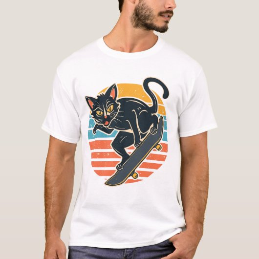 Radical Skater Black Cat Catching Air Retro Sunset Tシャツ (正面)