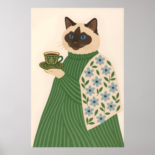 Ragdoll Cat Coffee Art Print, Floral Green Jacket ポスター (正面)