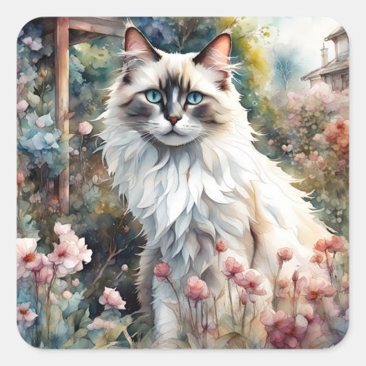 Ragdoll Cat in English Garden スクエアシール (正面)