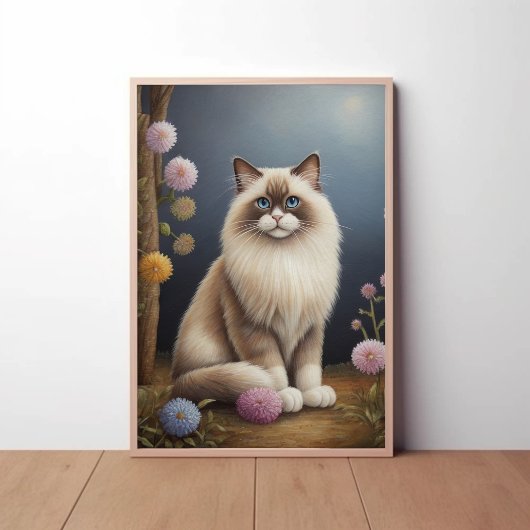 Ragdoll Cat in Garden Fluffy Pet Illustration ポスター
