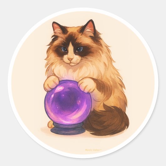 Ragdoll cat with purple crystal ball ラウンドシール (正面)