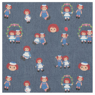 Raggedy AnnとAndy on Blue Denim ファブリック