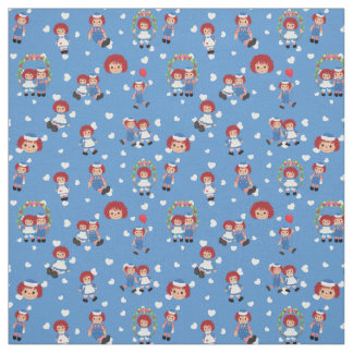 Raggedy Ann and Andy on Falling Hearts on Blue ファブリック