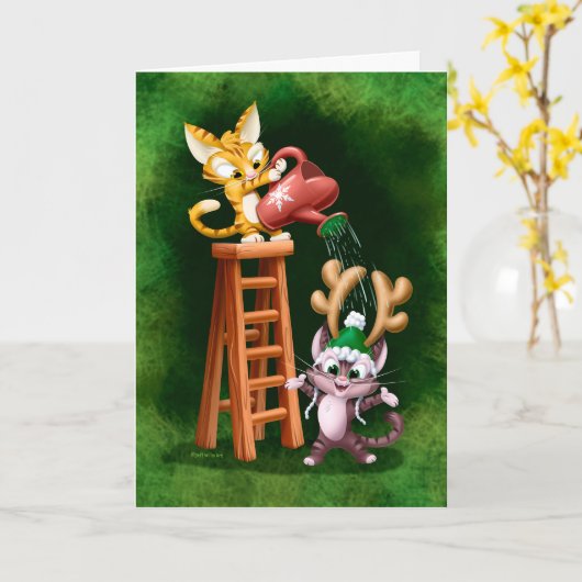 RAIN DEER CATS (matte) by Jeff Willis Art カード (黄色い花)