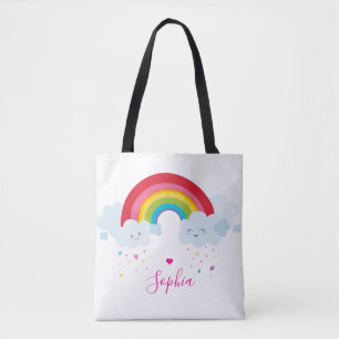 RAINBOWかわいい雲かわいらし明るい色の名前 トートバッグ