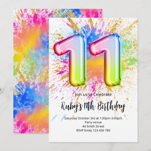 Rainbow 11th Birthday Invitation 招待状 (正面/裏面)