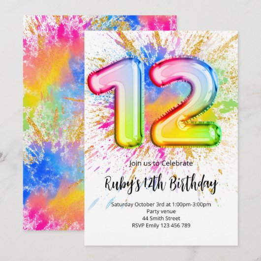 Rainbow 12th Birthday Invitation 招待状 (正面/裏面)