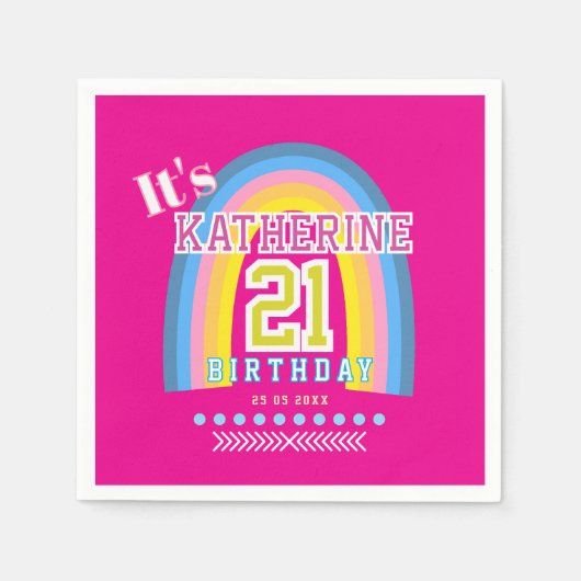 Rainbow 21st Birthday Hot Pink スタンダードカクテルナプキン (正面)