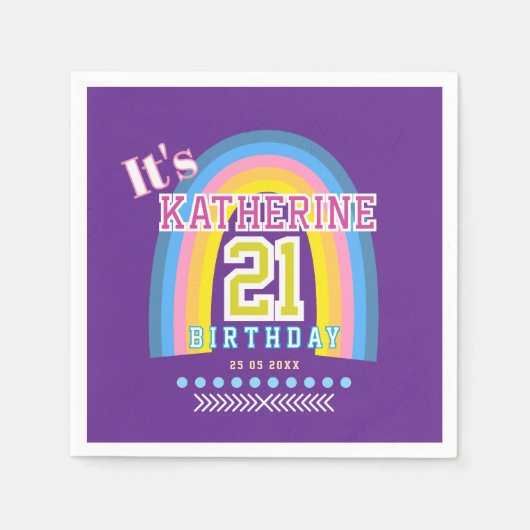 Rainbow 21st Birthday Purple スタンダードカクテルナプキン (正面)