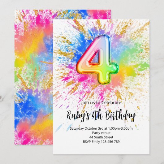 Rainbow 4th Birthday Invitation 招待状 (正面/裏面)