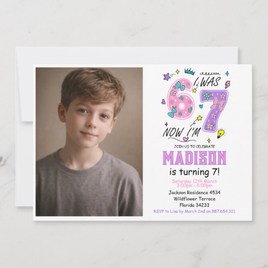 rainbow 7th Birthday | “I Was 6, Now 7” Party 招待状 (正面)