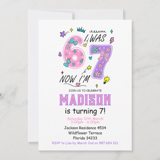 rainbow 7th Birthday | “I Was 6, Now 7” Party 招待状 (正面)