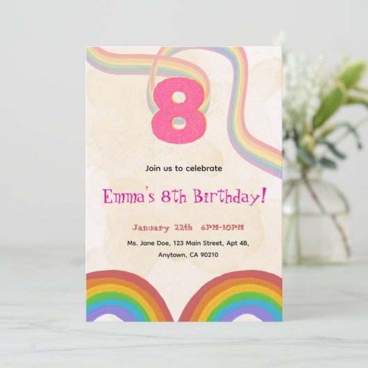 Rainbow 8th Birthday Party, Pink Girl Invitation 招待状 (スタンド正面)