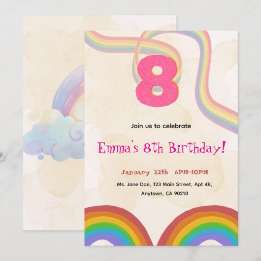 Rainbow 8th Birthday Party, Pink Girl Invitation 招待状 (正面/裏面)