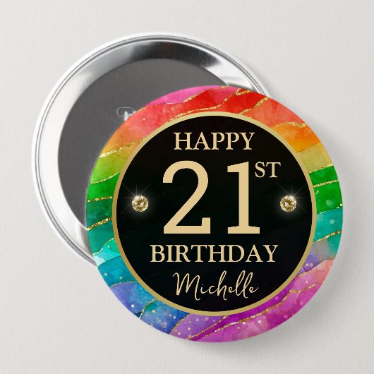Rainbow Agate Gold Glitter Birthday Badge 缶バッジ (正面&裏面)