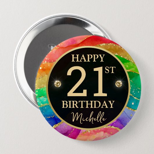 Rainbow Agate Gold Glitter Birthday Badge 缶バッジ (正面&裏面)
