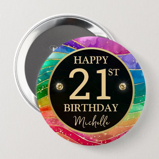 Rainbow Agate Gold Glitter Birthday Badge 缶バッジ (正面&裏面)