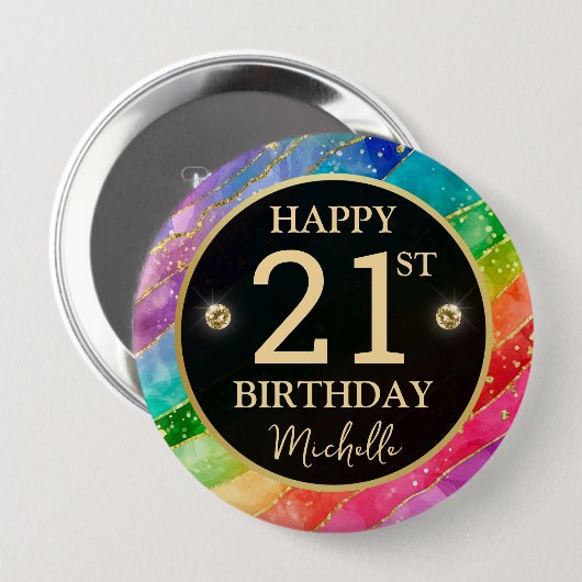 Rainbow Agate Gold Glitter Birthday Badge 缶バッジ (正面&裏面)