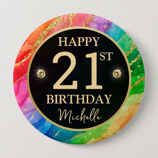 Rainbow Agate Gold Glitter Birthday Badge 缶バッジ (正面)
