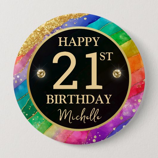 Rainbow Agate Gold Glitter Birthday Badge 缶バッジ (正面)