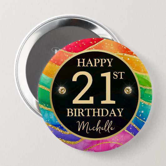 Rainbow Agate Gold Glitter Birthday Badge 缶バッジ (正面&裏面)