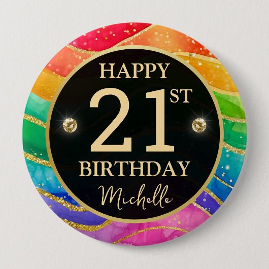 Rainbow Agate Gold Glitter Birthday Badge 缶バッジ (正面)