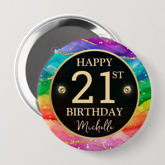 Rainbow Agate Gold Glitter Birthday Badge 缶バッジ (正面&裏面)