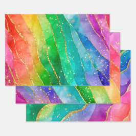 Rainbow Alcohol Ink Gold Glitter Abstract Design ラッピングペーパーシート