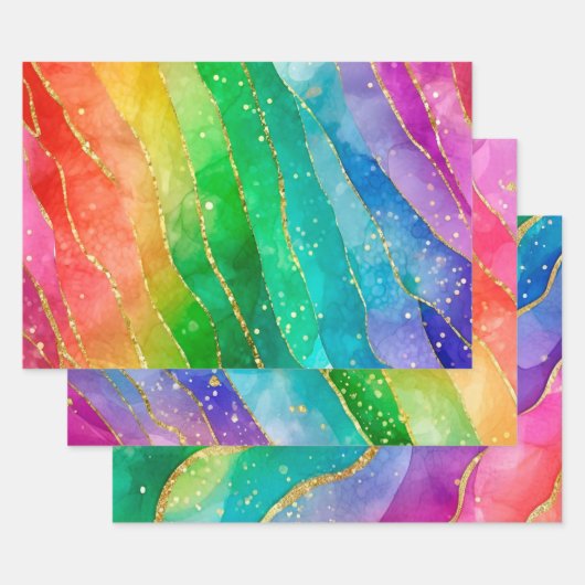 Rainbow Alcohol Ink Gold Glitter Abstract Design ラッピングペーパーシート (セット)