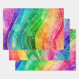 Rainbow Alcohol Ink Gold Glitter Abstract Design ラッピングペーパーシート