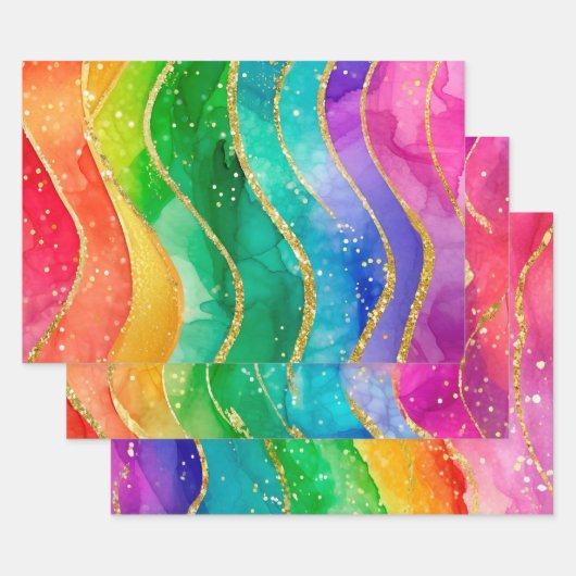 Rainbow Alcohol Ink Gold Glitter Abstract Design ラッピングペーパーシート (セット)